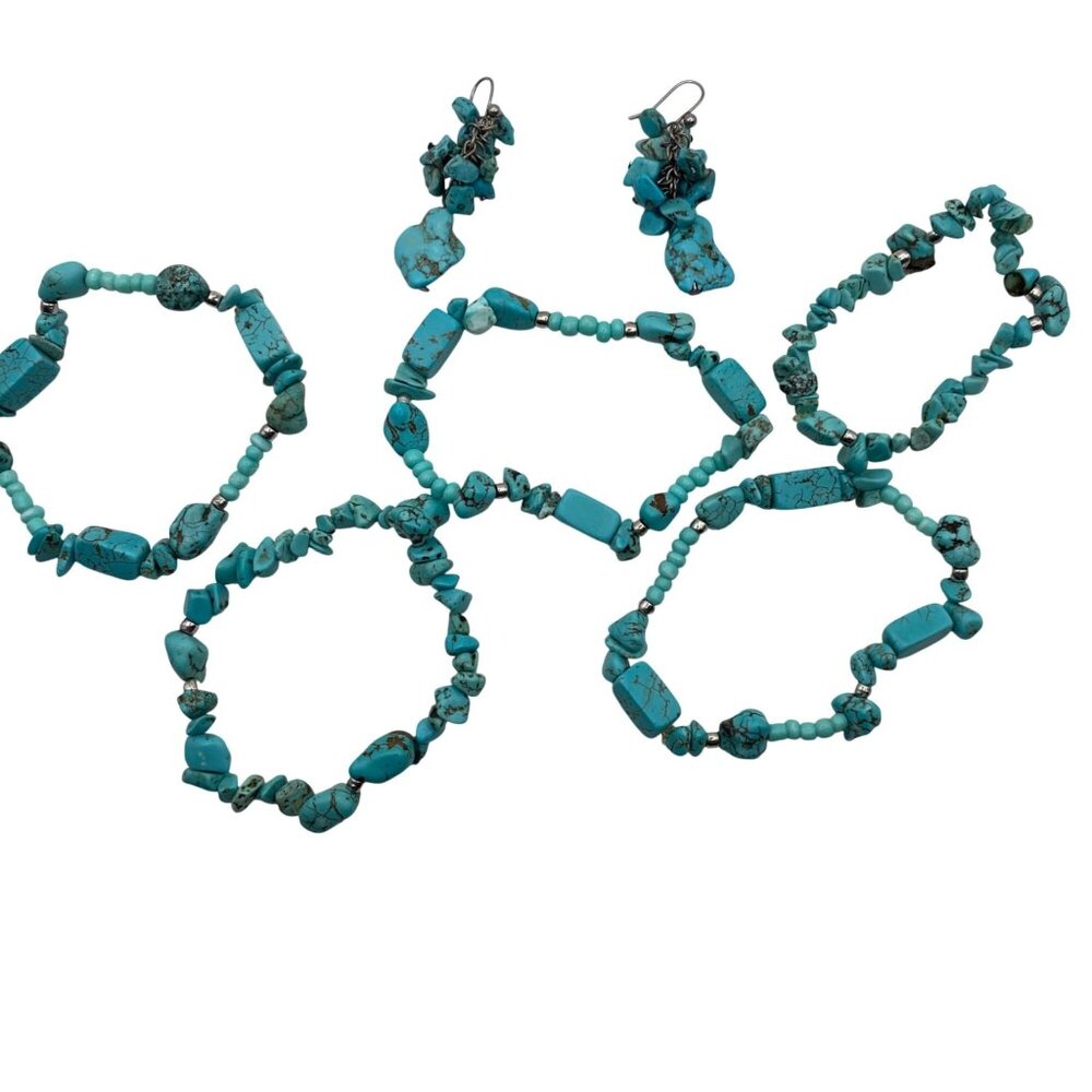 Boho Turquoise Howlite Bead Lot 5 Stretch Bracelets Dangle Earrings Silver Tone